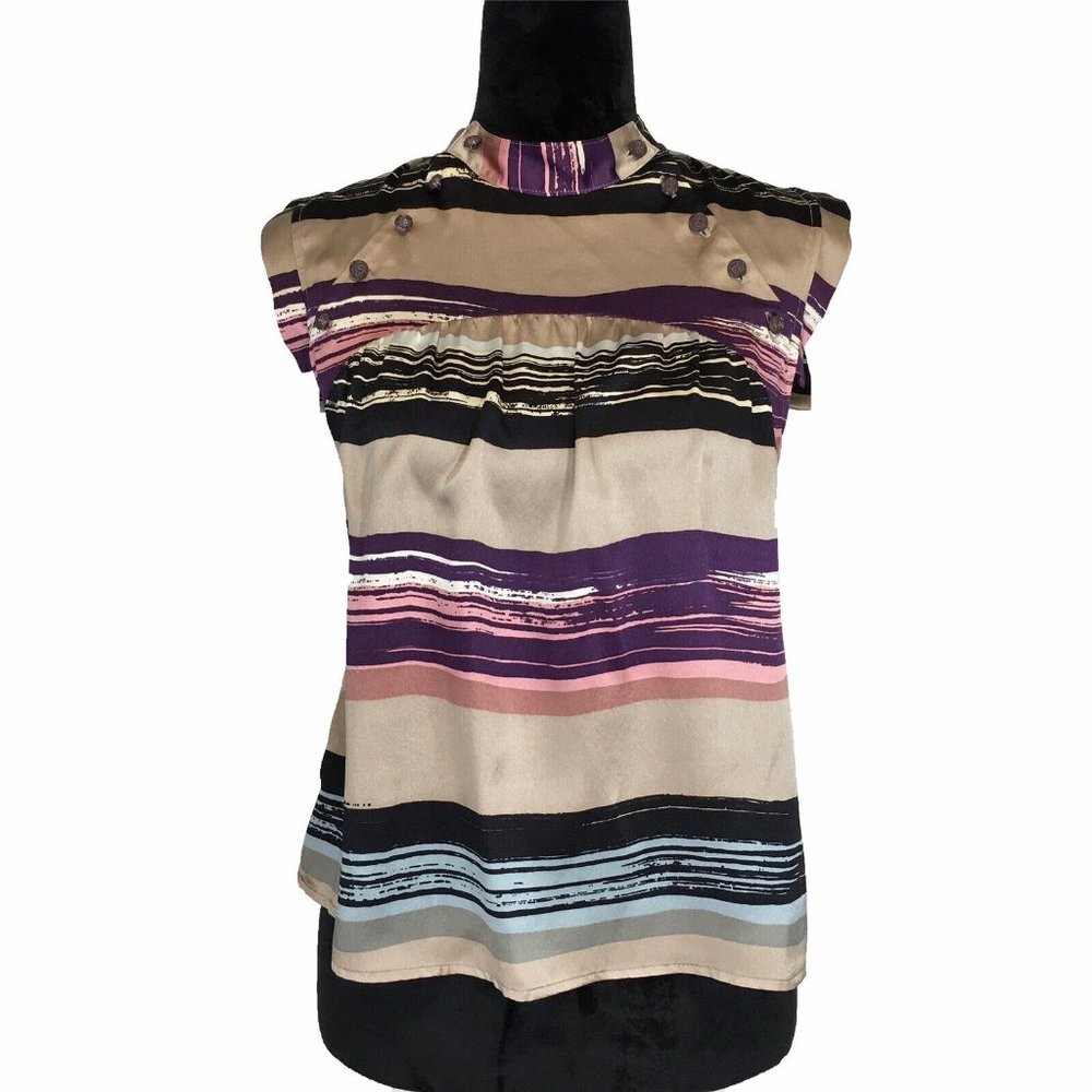 COREY LYNN CALTER Blouse 4 Multi Silk High Neck Rose Button Anthropologie Top